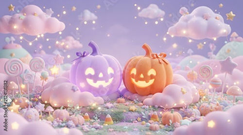 Whimsical pastel halloween scene with cute pumpkins