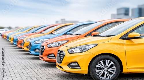Row of colorful modern compact cars lined up for sale or rental on a paved lot with a cloudy sky