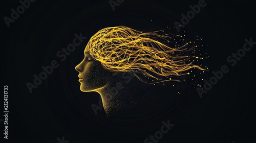 Minimalist logo featuring a human profile with a brain formed from delicate interwoven threads, evoking a fabric-like texture. Clean two-tone composition in yellow and black with simple lines, an uncl
