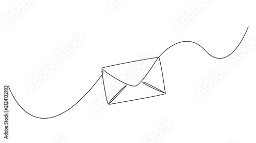animated minimalist continuous line drawing of a mail envelope, messaging, communication or contact us concepts, line art animation