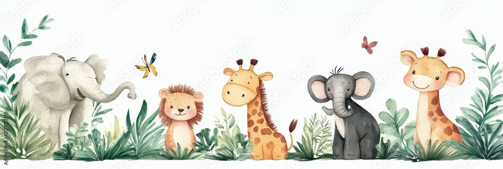 Naklejka premium Watercolor Illustration Safari Animal banner background