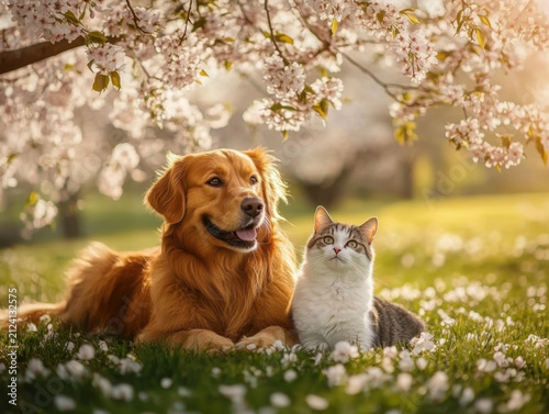 dog and cat sitting together in a spring meadow under a blossoming cherry tree
