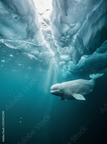 White beluga whale swims gracefully beneath towering blue ice formations in deep ocean waters