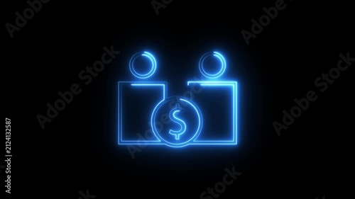 Neon glowing icon representing two people with money symbol for financial cooperation clip.