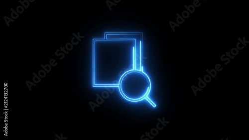 Neon blue outline of document file icon searching magnifying glass animated video footage.