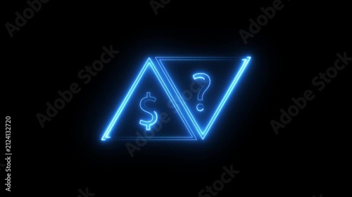 Neon blue light animation featuring dollar symbol and question mark in geometric triangles.