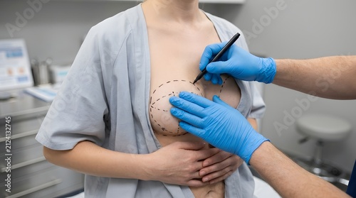 Plastic surgeon marking patient chest with a pen before breast augmentation surgery in a modern medical clinic office