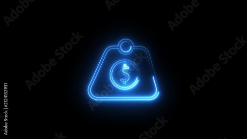 Neon blue outline of a price tag with dollar sign symbol animation on black background.