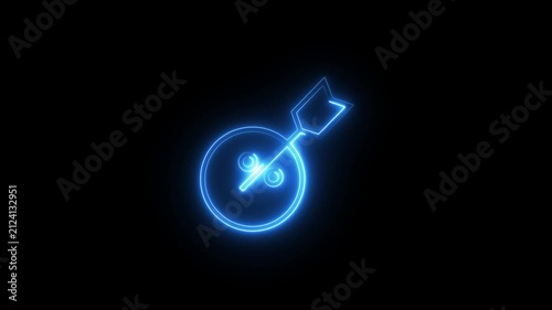 Neon blue percentage symbol icon hitting center of bullseye target for financial savings.