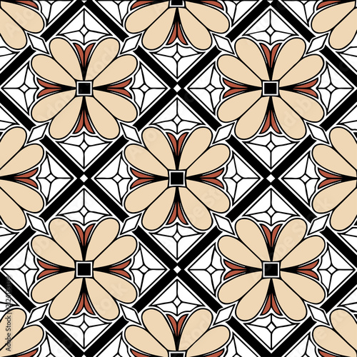 Colorful vintage geometric floral seamless pattern, traditional ornamental tile vector illustration background