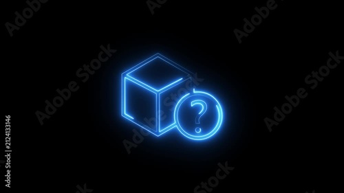 Neon blue outline of a cubic box with a question mark symbol glowing in dark background.