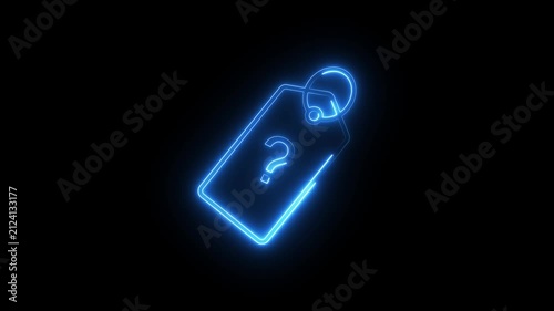 Neon blue outline of shopping tag with question mark symbol glowing on black background.