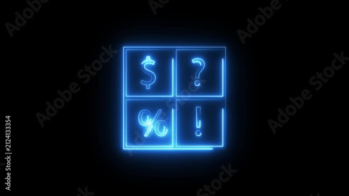 Neon blue glowing signs of dollar percent question mark and exclamation mark in a grid.