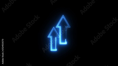 Neon blue glowing double arrows moving up isolated on black background for digital motion.
