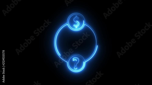 Neon blue animated icon showing connection between dollar sign and question mark on black.