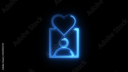 Neon blue heart symbol animation inside square frame featuring user avatar on dark ground.