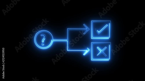 Blue neon decision flowchart animation showing question mark leading to check and cross.