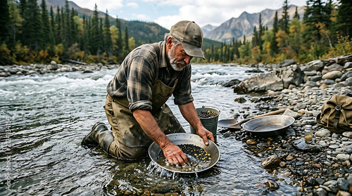 Man panning for gold in a mountain river.