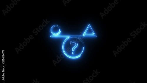 Neon glowing balance scale symbol with question mark on black background motion graphic.