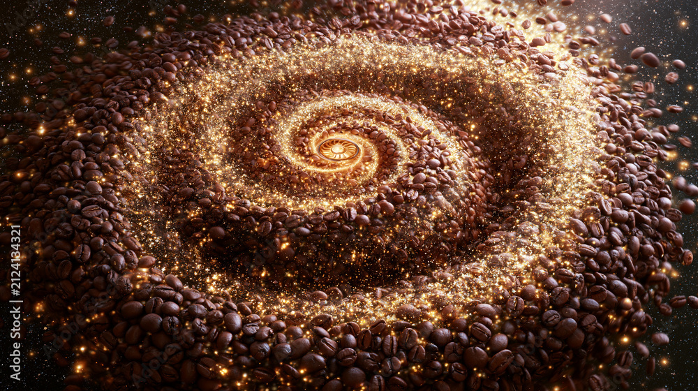 Fototapeta premium Roasted coffee beans swirling in spiral galaxy vortex shape with sparkling golden glitter particles.