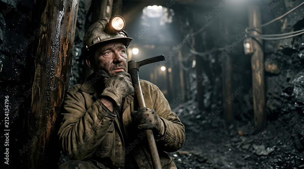 Fototapeta premium Miner with headlamp in underground coal mine.