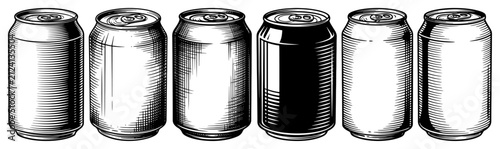 Beverage cans set for soda or beer in vintage hand drawn engraving style