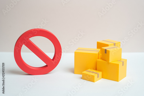 Boxes of goods and a prohibited sign are missing. Border closures, import and export suspensions. Prohibitive economic tariffs, sanctions, and political protests. Boycott.