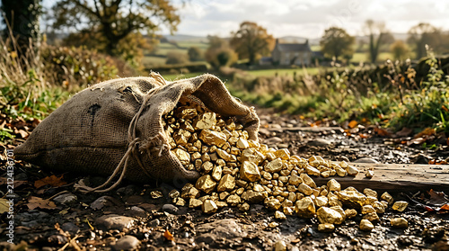 Overturned burlap sack with scattered potatoes on dirt path.