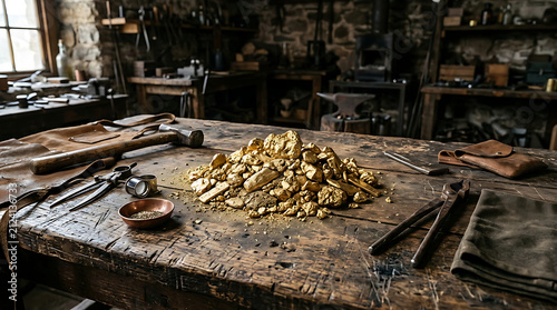 Pile of gold nuggets on old wooden workbench.