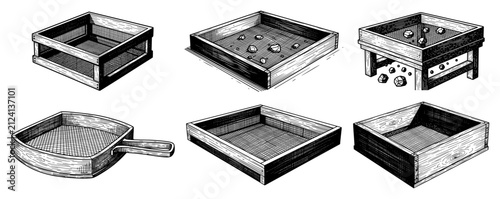 Foto Wooden sifter trays and sieves for gold panning or archeology in vintage engravi