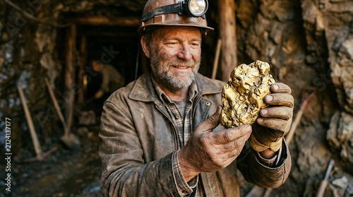 Prospector holding large gold nugget in mine.