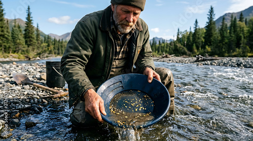 Prospector panning for gold in a mountain river.