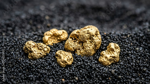 Raw gold nuggets on dark background.