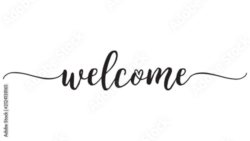 Elegant handlettered welcome script text with flowing decorative swirls isolated on a clean white background for modern wedding or home decor