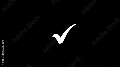 Animated white checkmark on black background, for user interface, and task completion, feedback tick animation.