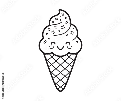 Cute ice cream cone with a happy face and sprinkles for coloring page