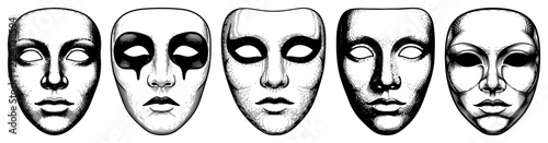 Foto Human face masks with theatrical expressions and dramatic makeup in vintage engr