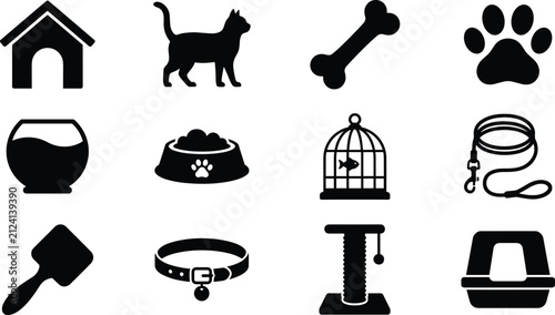 Konstfotografi Black pet care and domestic animals equipment icon set vector illustration featu