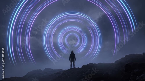 Silhouette of a person standing on rocks with glowing circular light patterns in the sky