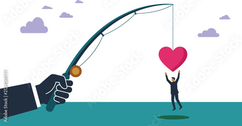 Fotografie Giant hand holding fishing rod with heart bait catching small businessman vector