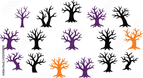 Happy Halloween Colorful stylized trees with autumn and purple variations isolated on white Vector