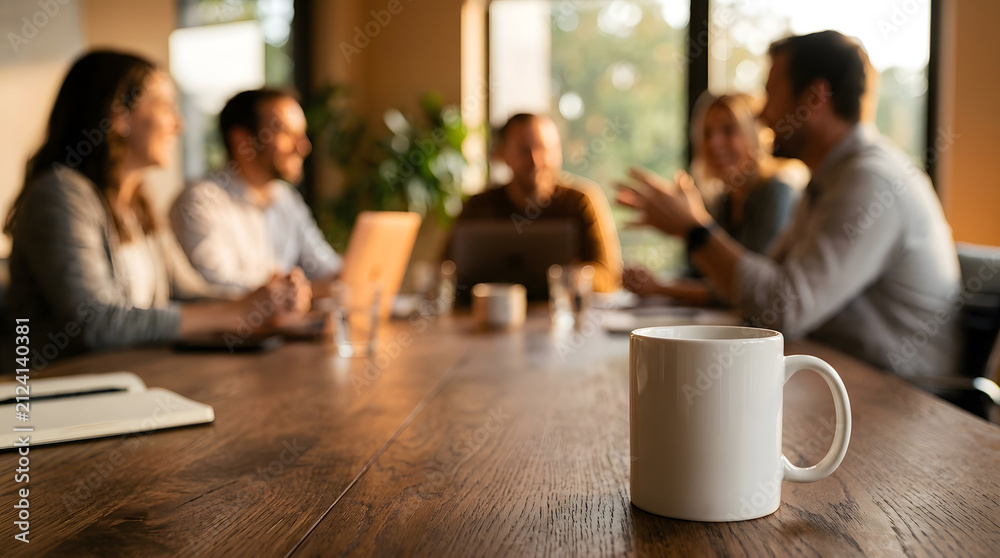Fototapeta premium White ceramic coffee mug on a wooden conference table with blurred business people in the background during a meeting