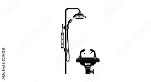 Obraz na plátne Bathroom sink and shower set with push button with white illustration bathroom s