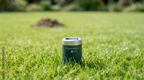 Green ultrasonic pest repeller device on a perfectly manicured lawn with a molehill in the blurred background, solar mole and vole deterrent for garden protection