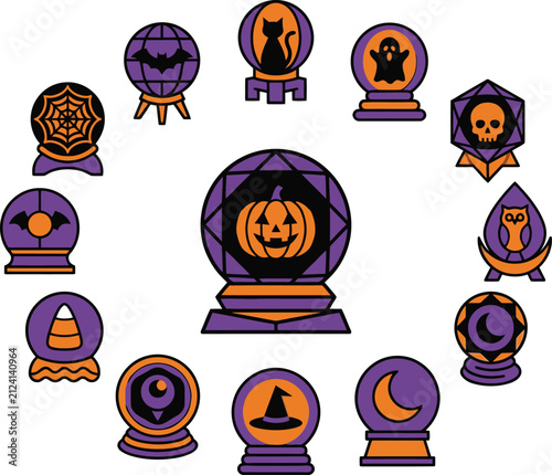 Happy Halloween-themed crystal ball icons with spooky symbols and creatures Vector