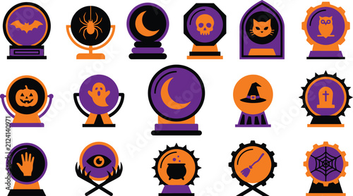 Happy Halloween-themed crystal ball icons with spooky symbols and characters Vector