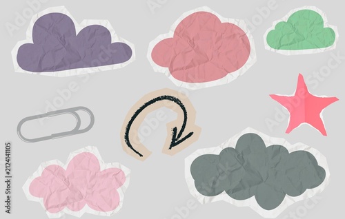 Cute Hand Drawn Sticker Elements Set with Clouds, Star, Arrow and Paper Clip on Transparent Style Background