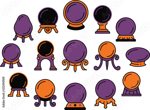 Happy Halloween Colorful assortment of crystal balls and fortune telling orbs on stands Vector