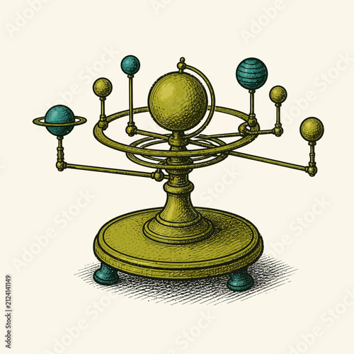 An antique brass orrery model representing the solar system with orbiting planets.