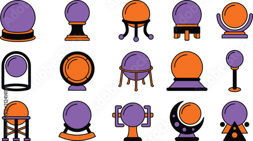 Happy Halloween Colorful crystal ball and fortune telling icon set illustration Vector